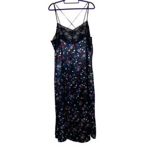 Amoureuse Satin Floor Length Nightgown / Slip Dress Black Floral & Lace Sz 1X